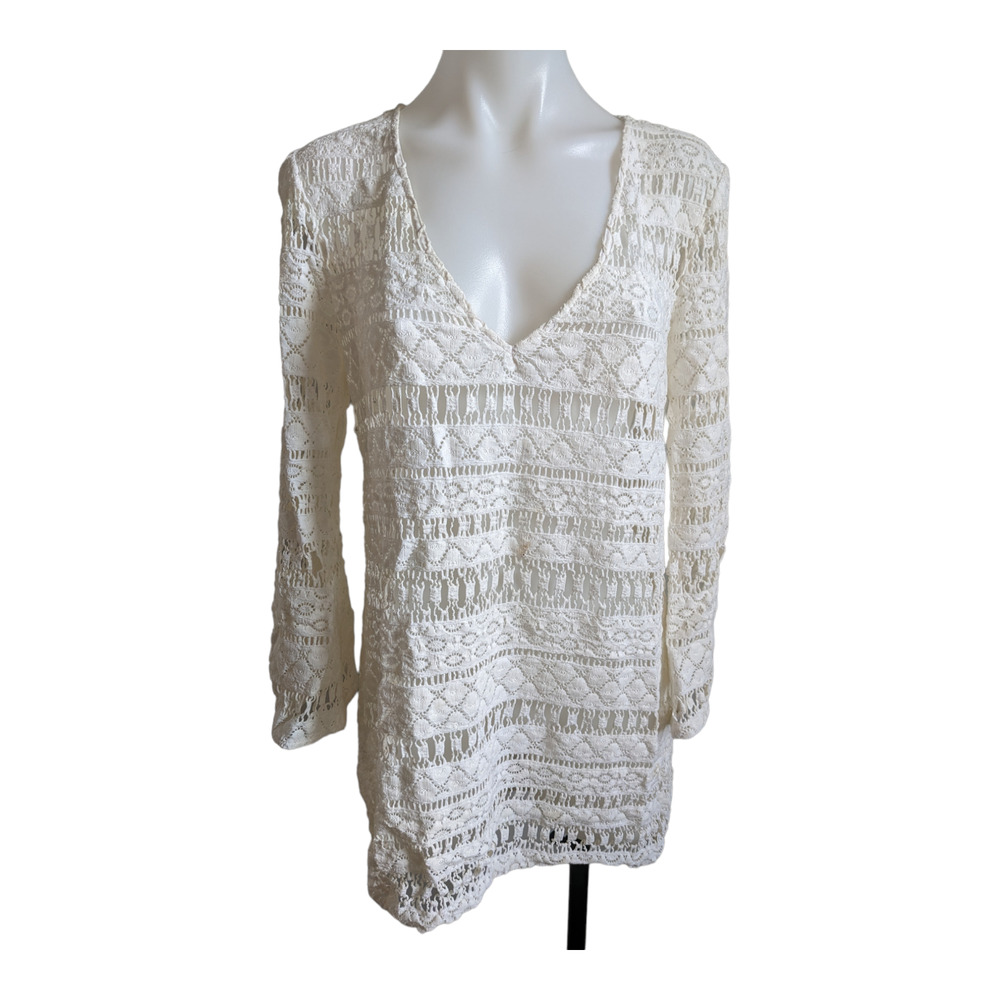 Milly Cabana Size Small Crochet Shift Mini Dress White V Neck Long Sleeves
